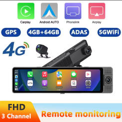 3 Channal 12" Car Rearview Mirror Dash Cam 4G Android 13 GPS Navigation Bluetooth WiFi Video Camera Recorder Remote Monitor DVR