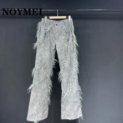 NOYMEI Gray Bell-bottomed Pants Casual Pu Leather Pants All-match Fur Patchwork Big Size Trousers Men 2024 Spring New WA4238