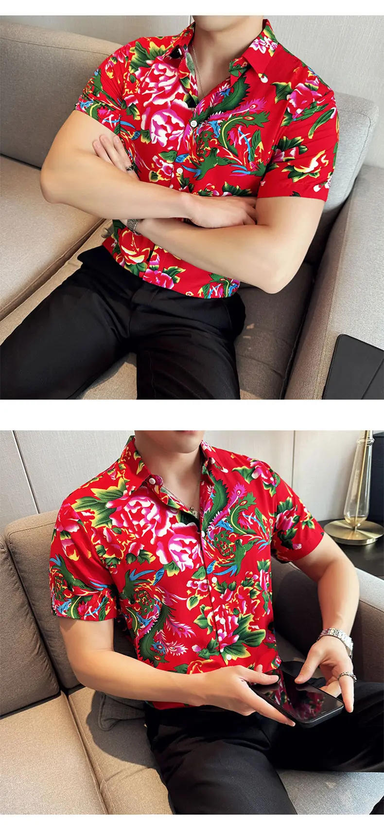 Description Picture 6 of item2024 Summer Art Printed Shirt Men's Short Sleeve Slim Fit Casual Shirts Handsome Versatile Streetwear Tuxedo Blouse Men Clothing
