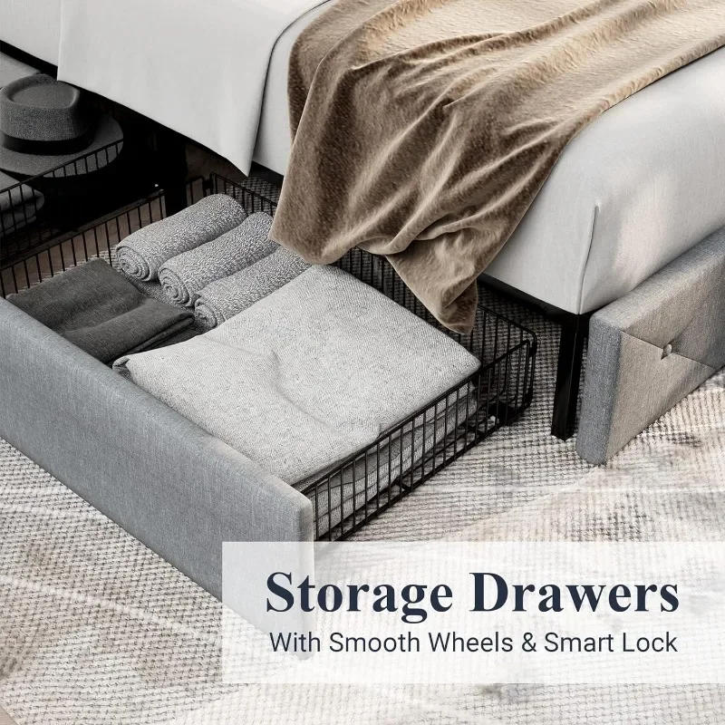 Description Picture 6 of itemUpholstered King Size Platform Bed Frame with 4 Storage Drawers and Headboard Diamond Stitched Button Tufted No Box Needed Grey