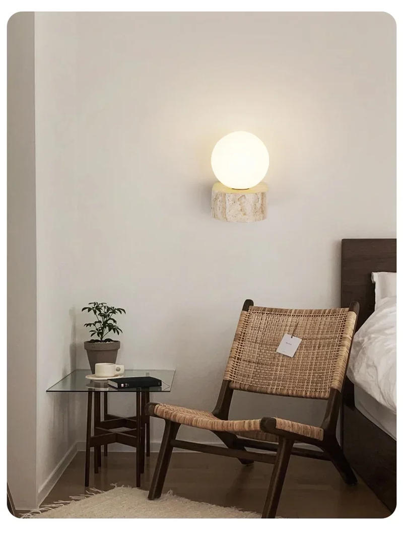 Description Picture 4 of itemArt Decoration Wall Lamp Glass Lampshade Led Light with Pull Chain Natural Stone Wall Light Bedroom Decor Sconce Room Decor