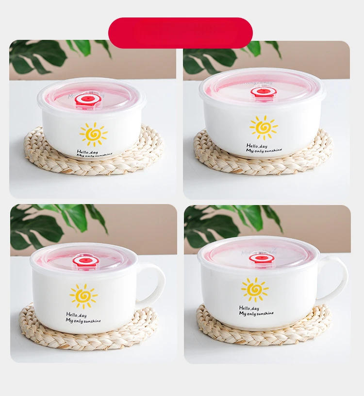 Description Picture 6 of itemLarge Capacity Salad Bowl Noodle Ceramic Bowls with Lid Cute Cartoon Pattern Food Container Household Tableware Kitchen Supplies