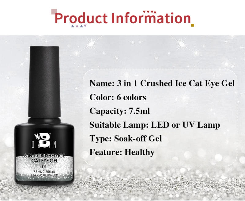 Description Picture 3 of itemBOZLIN 7.5ml 3 In 1 Crushed Ice Magnetic Gel Nail Polish Glitter Cat Eye Nail Gel Soak Off UV LED Semi-Permanent Varnish