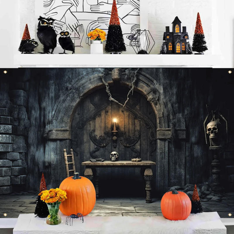 Description Picture 6 of item1 piece, Halloween polyester decorative banner, retro dungeon photography background cloth, Halloween happy horror thriller