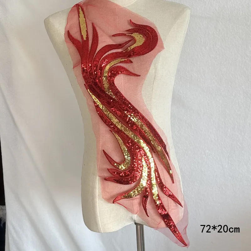 Description Picture 4 of item1Pcs Large Patch Gold Red Sequin Embroidery Applique Mesh Lace Fabrics Sewing On Dress Clothing Decora Accessroy DIY 72*20CM