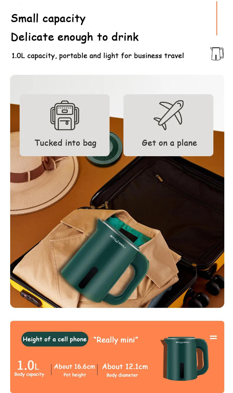 Description Picture 6 of item1.0L Mini Electric Kettle Small Capacity 304 Stainless Steel Teapot Hotel Dormitory Kettle Portable Travel Boil Water Pot 220V