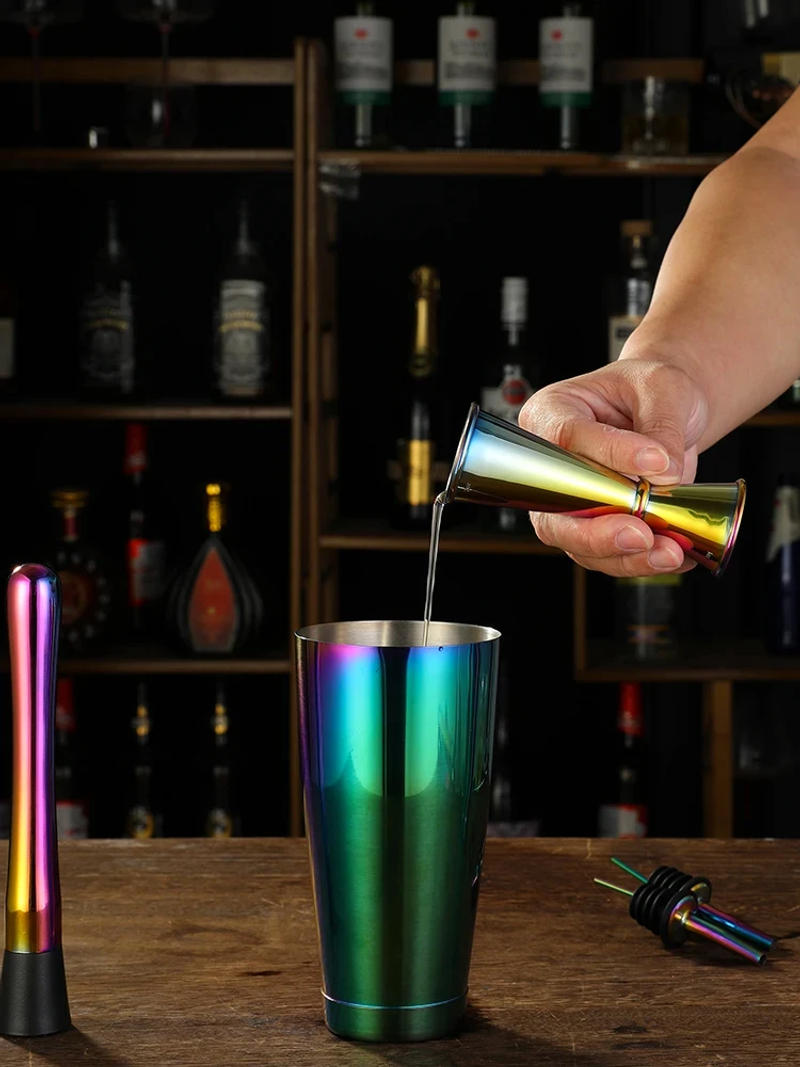 Description Picture 2 of itemRainbow Cocktail Shaker Bar Set: 2 Weighted Boston Shakers, Cocktail Strainer Set,Jigger,Muddler and Spoon, Ice Tong ,2 Pourer