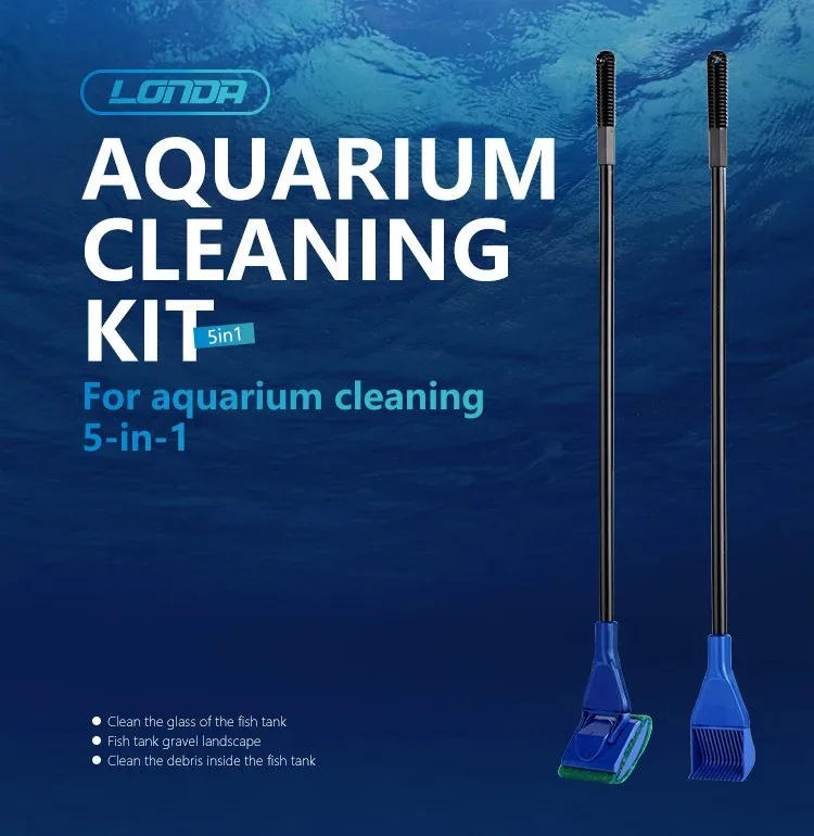 Description Picture 2 of item5 in 1 Multifunction Aquarium Cleaning Tools Fish Net Gravel Rake Algae Scraper Fork Sponge Brush Glass Fish Tank Cleaner Set
