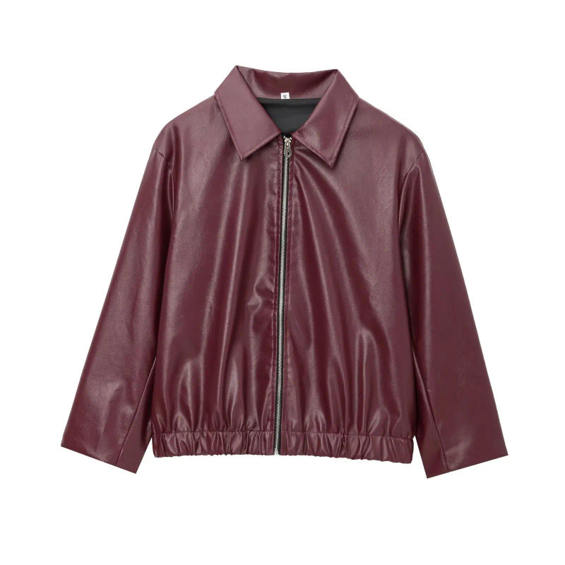 Description Picture 3 of itemTRAFZA Women Autumn Fashion Burgundy Faux Leather Jackets Zipper Casual Lapel Long Sleeves Coat Female High Street PU Outerwear