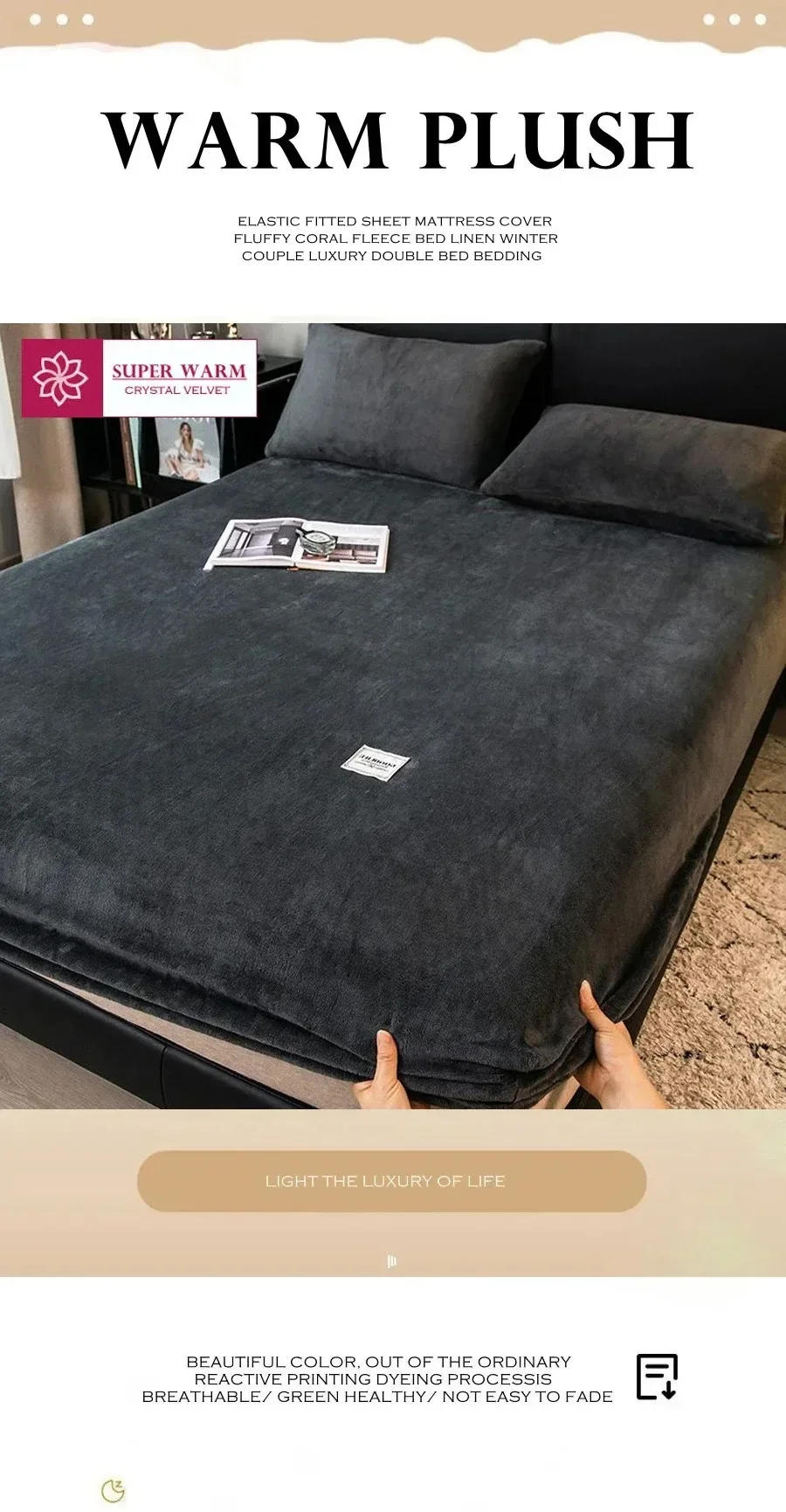 Description Picture 3 of item1PC Soft Warm Plush Fitted Sheet Elastic Mattress Cover Fluffy Coral Fleece Bed Linen Winter Couple Luxury Double Bed Bedding