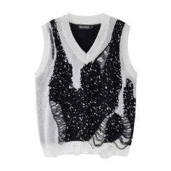 Black White Patchwork Tank Top Trendy Baggy Ripped Knitted Vest Sweater New Loose Lazy V-neck Knitted Sweaters for Men and Women