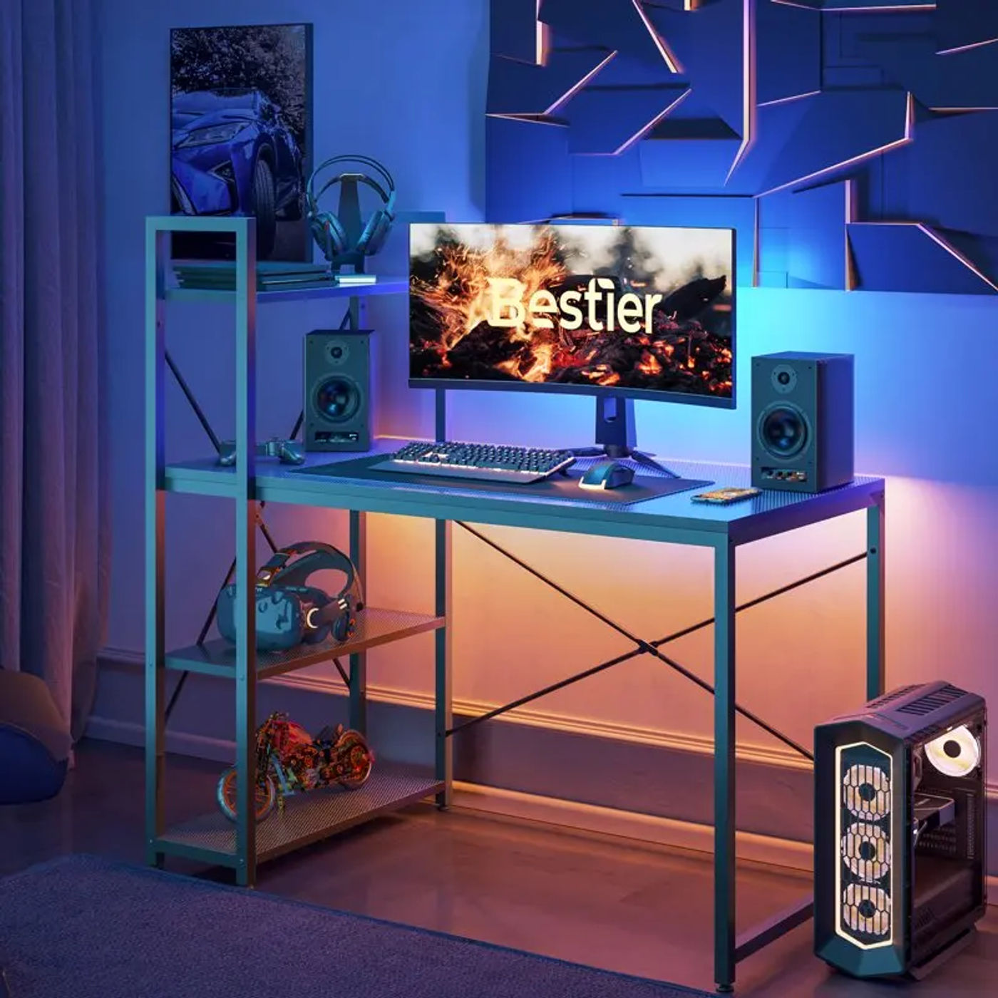 Description Picture 2 of itemInch Computer Gaming Desk with Shelves Black Carbon Fiber
