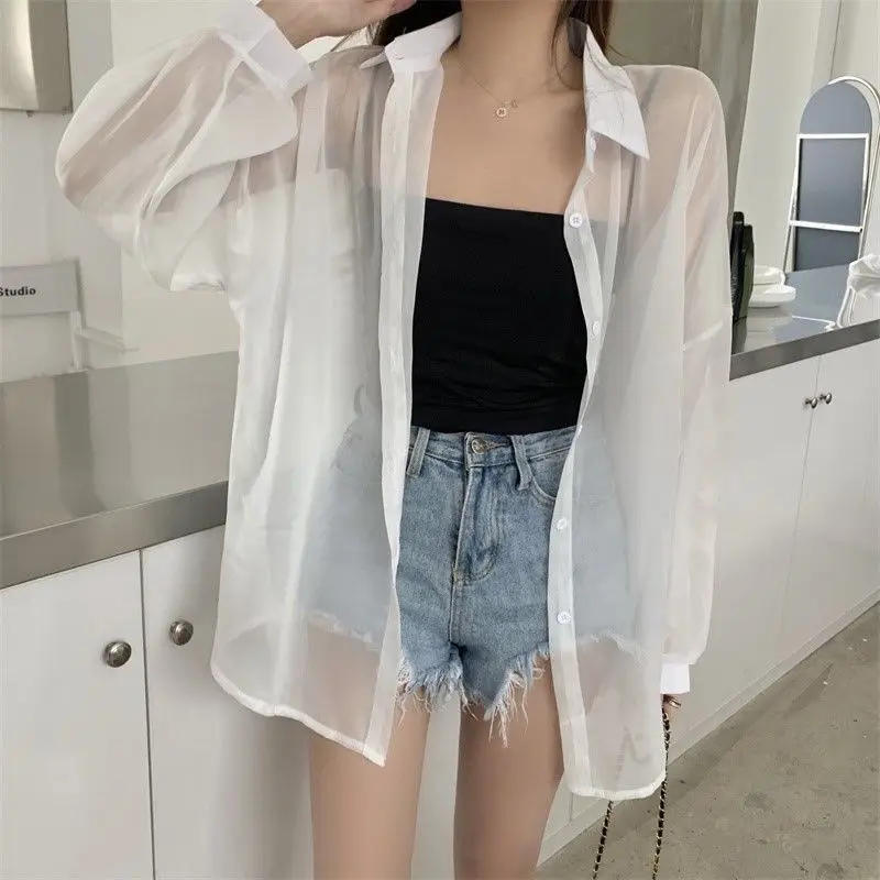 Description Picture 3 of itemWomen Shirt Long Sleeve Top Blouse Female Chiffon Loose Summer Cardigan Thin Sexy Solid Color Casual Shirt Outerwear Прозрачная