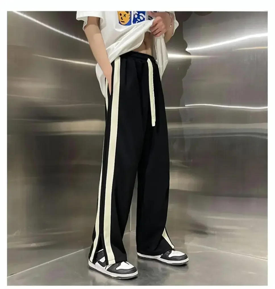 Description Picture 2 of itemSummer New Elastic Waist Drawstring Pockets Contrast Color Patchwork Split Wide Leg Trousers 2024 Man Street Motion Trousers