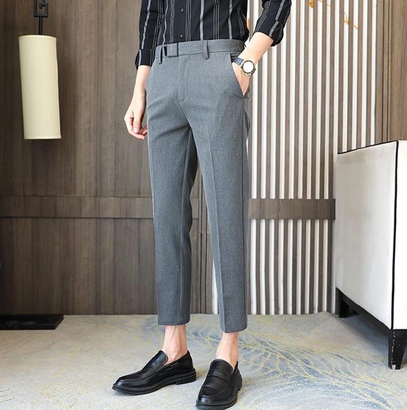 Description Picture 5 of itemMan Suits Pants Business Slim Fit Tressed Trousers for Men 9 Cropped Straight Social Tailoring Spring Clothes Slacks Formal Up