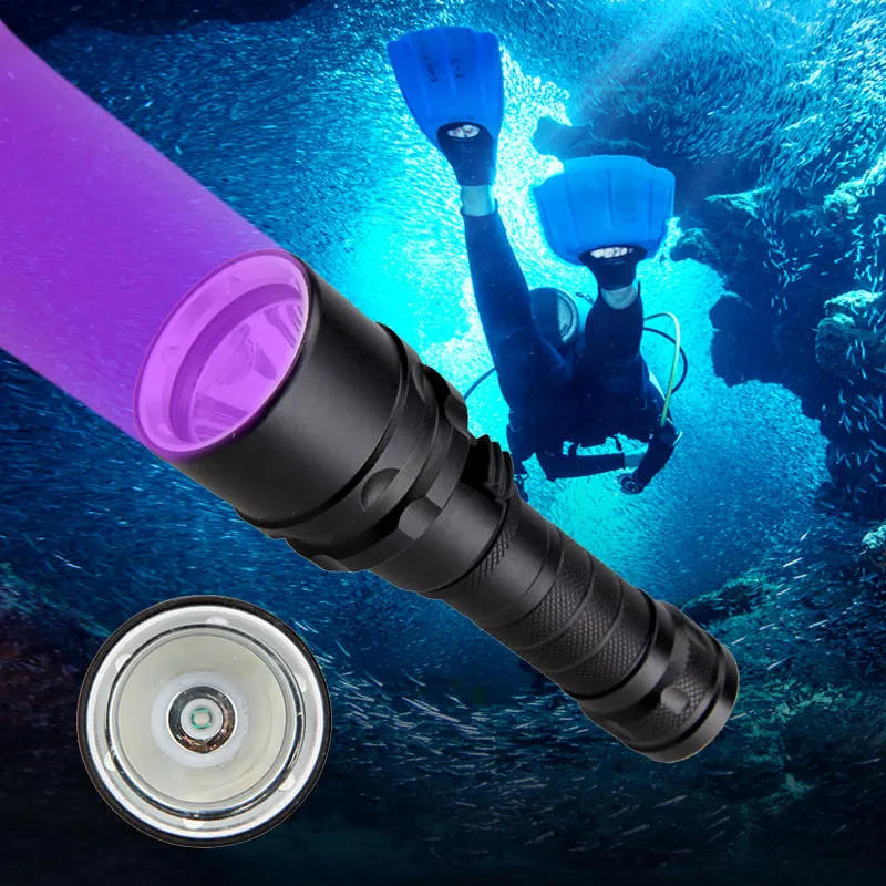 Description Picture 3 of itemXPE UV 365nm-395nm Diver Light Underwater 100M LED Scuba Diving Flashlight 10W 365-395nm Lantern+18650 Battery+Battery Charger