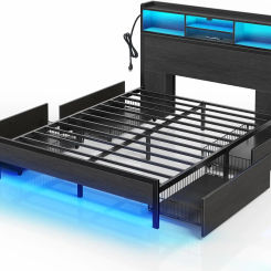 Queen Bed Frame with Storage Headboard, Metal Platform Charging Station, LED 4 Drawers, Bookcase Storage, No Box Spring Needed