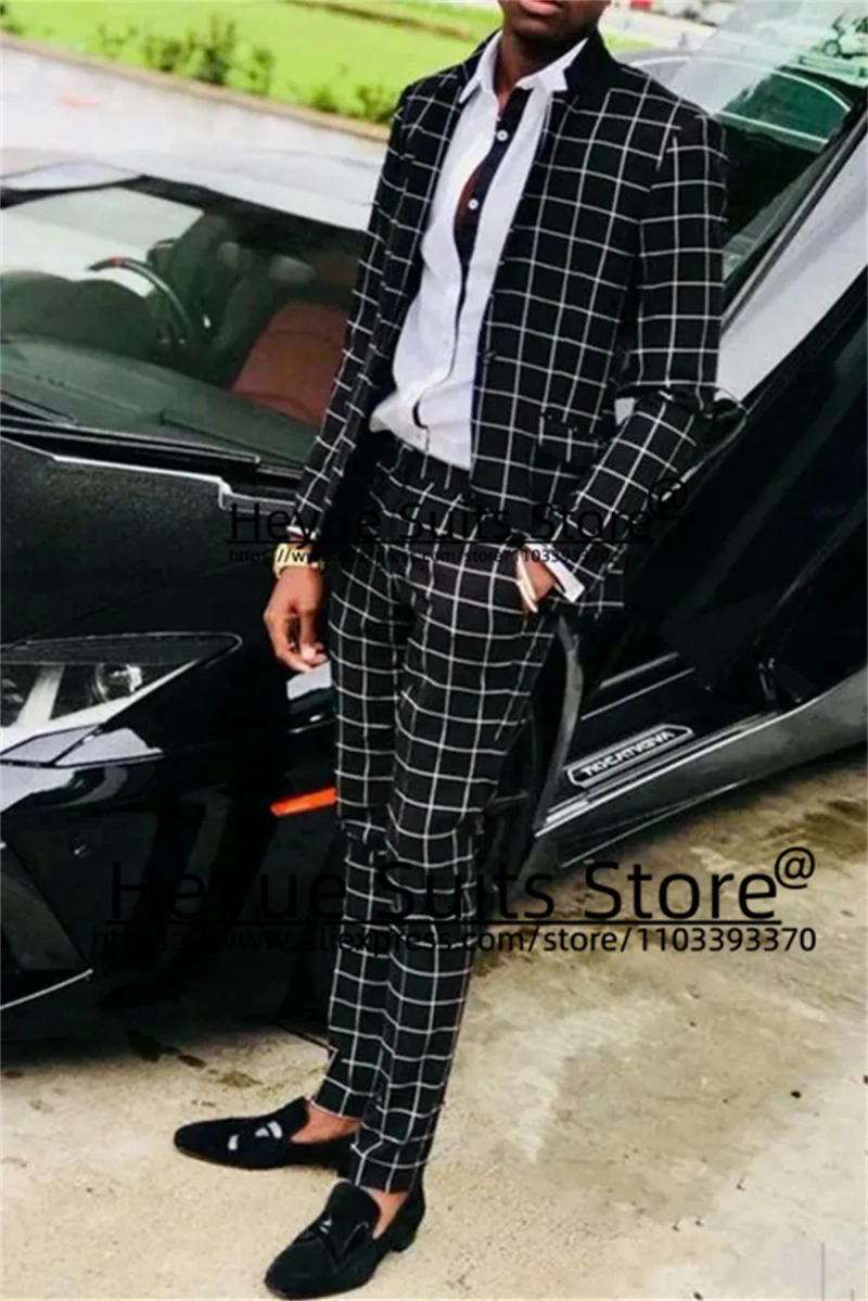 Description Picture 4 of itemAmerican Style Black Plaid Prom 2 Pcs Sets Tailor Made Slim Fit Notched Lapel Groom Tuxedos Handsome Male Blazers Costume Homme