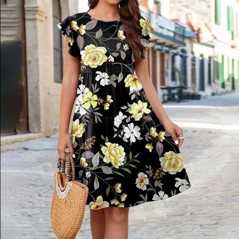 Description Picture 3 of itemNew Women's Knee Length Dress Knitting Printing Dresses 2024 Summer Round Neck Flower Grace Artistic Sense Versatile Midi Skirt