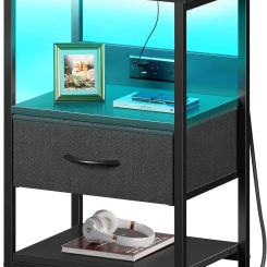 Seventable Nightstand Set of 2 LED Bedside Tables with Charging Station and Fabric Drawer Night Stand with Storage 3 Tier Bed Si