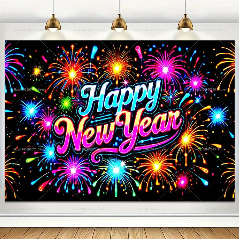 Description Picture 4 of item2025 Happy New Year Photo Backdrop Neon Glow Firework Ballon Graffiti Background Family Eve Party Decor Poster Banner Booth Prop