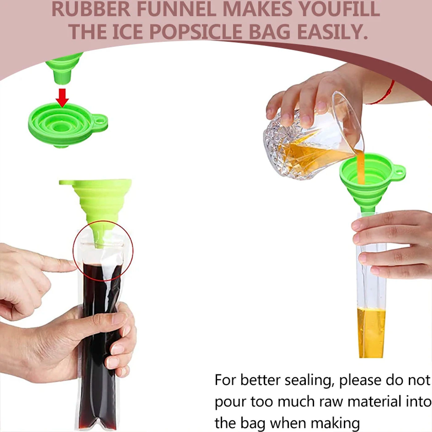 Description Picture 4 of itemDisposable Ice Popsicle Bag Ice Pop Mold Bags Ice Cream Sticks Freezer Tubes with Silicone Funnel Transparent Ziplock Bag DIY