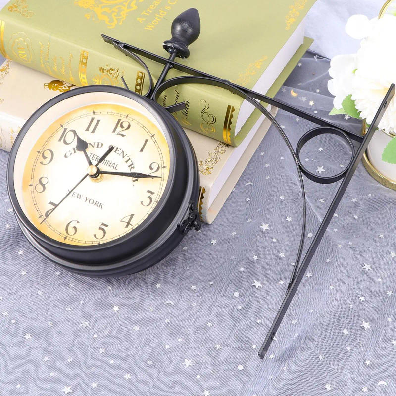 Description Picture 4 of itemDouble Sided Train Station Waterproof Wall Clock Retro Wrought Iron Wall Clock Garden Silent Wall Clock timer Decoration