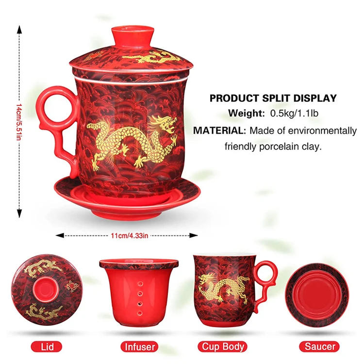 Description Picture 4 of itemChinese Dragon Pattern Tea-Mug with Strainer Infuser and Lid and Saucer Ceramic Tea Mug Convenient  Porcelain Personal Tea Cup