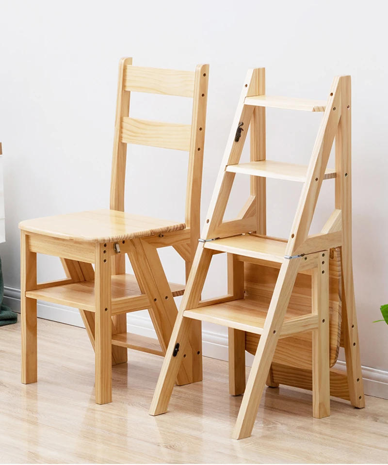 Description Picture 2 of itemSolid Wood Step Stools Multifunctional Folding Step Ladders Living Room Backrest Chairs Portable Ladder Stool Modern Furnitures