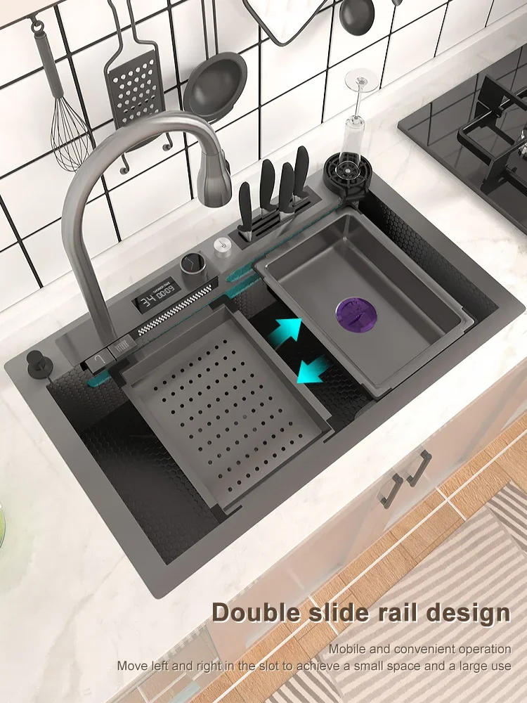 Description Picture 2 of itemDigital Display Waterfall Sink 304 Stainless Steel Kitchen Sink Embossed Washbasin With Waterfall Faucet For Kitchen Renovation