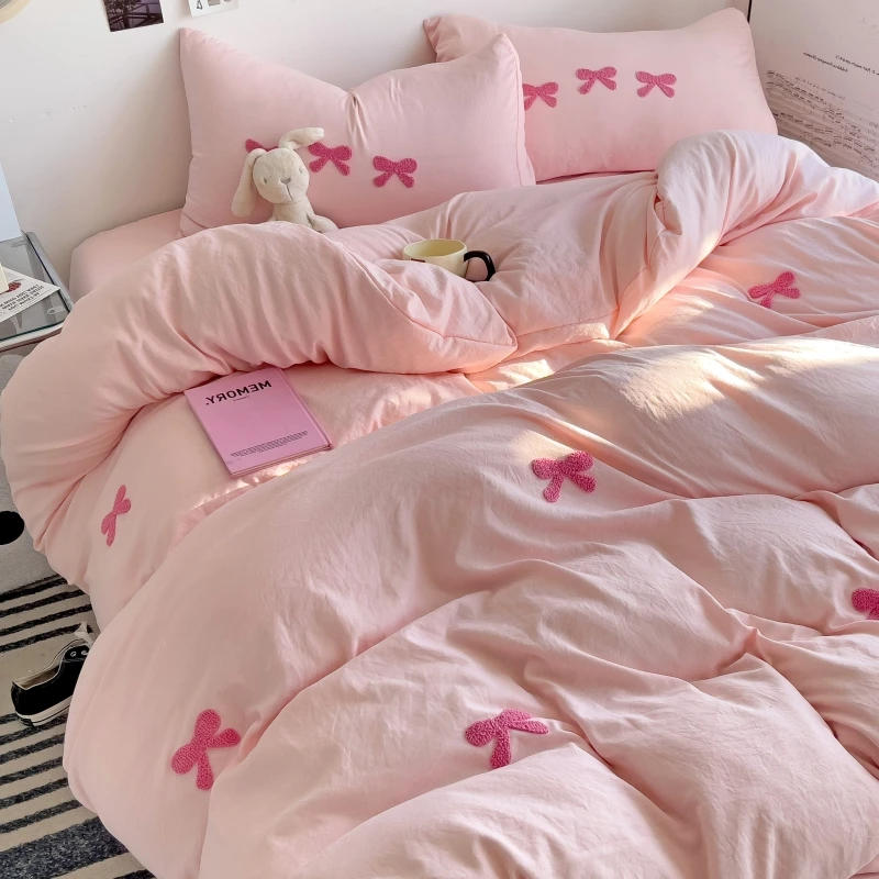 Description Picture 2 of itemCute Pink Bows Duvet Cover Set, 3D Embroidery Bedding Sets Pink Bed Set, Comfy Queen Comforter Covers Soft for Girls Kids Teens