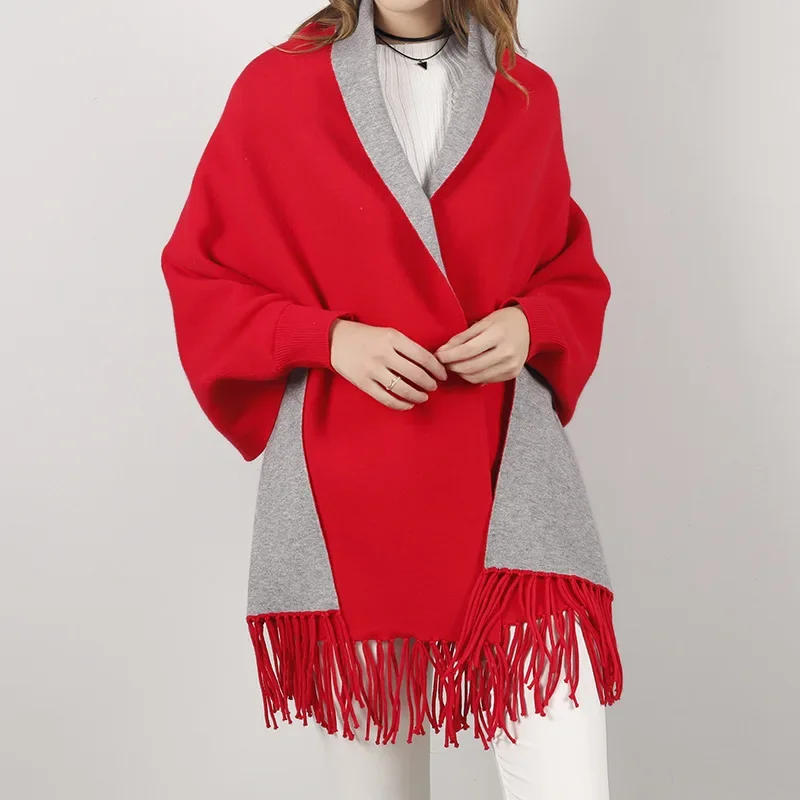 Description Picture 4 of item23 Colors Women Street Wear Cloak Loose Cape Overcoat Winter Knitted Warm Poncho Long Sleeve Cardigan Vintage Tassel Shawl Coat