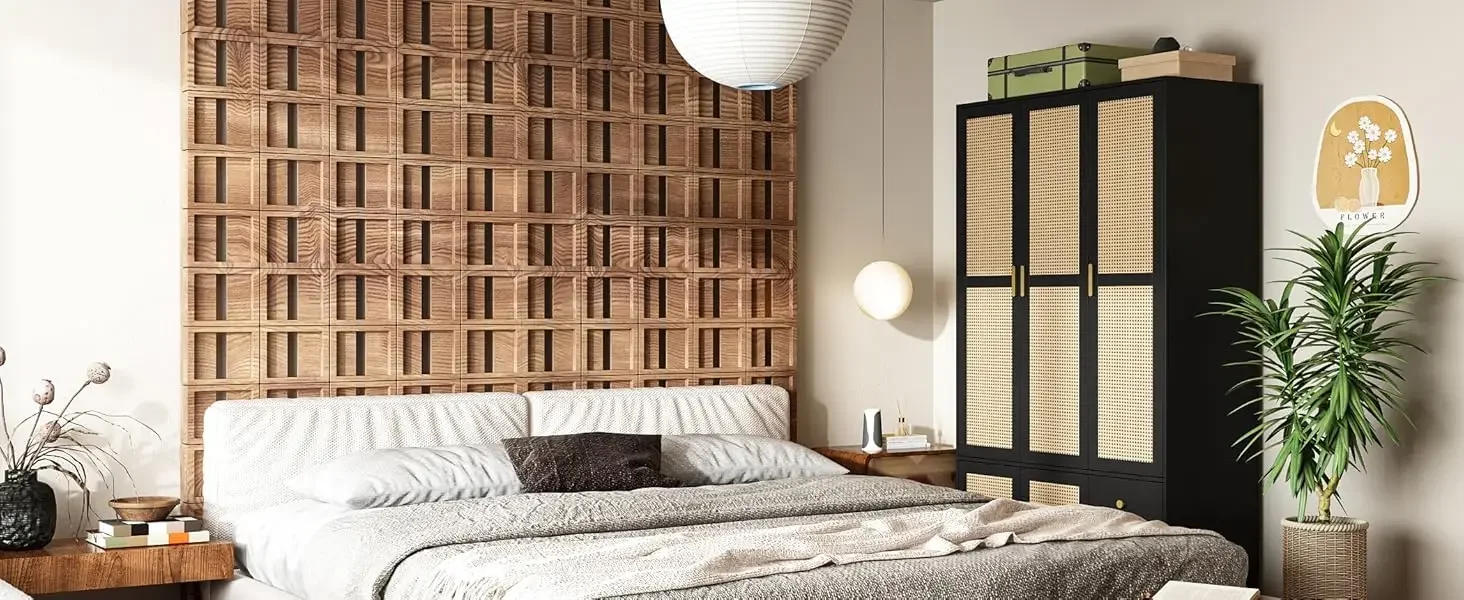 Description Picture 3 of itemRattan Closet Wardrobe Cabinet with 2 Drawers & Hanging Rod, Storage Wardrobe Armoire Dresser for Bedroom Organizer