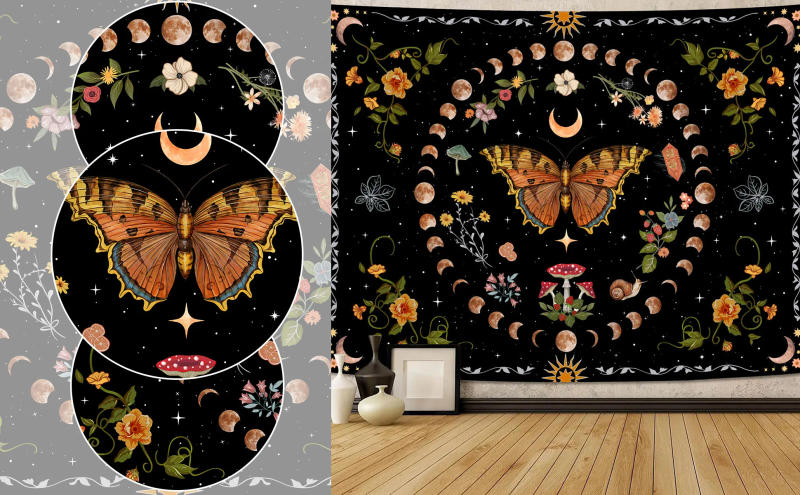 Description Picture 2 of item1pc 75x100cm Butterfly Moon Tapestry,Colorful Botanical Floral Plant Boho Tapestry for Bedroom,Wall Hanging Decor for Room