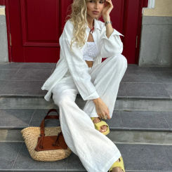 Classic Solid Elastic Waist Drawstring Pants Suit Women Casual Cotton Linen Button Down Shirt Set Loose Lady Vacation Streetwear