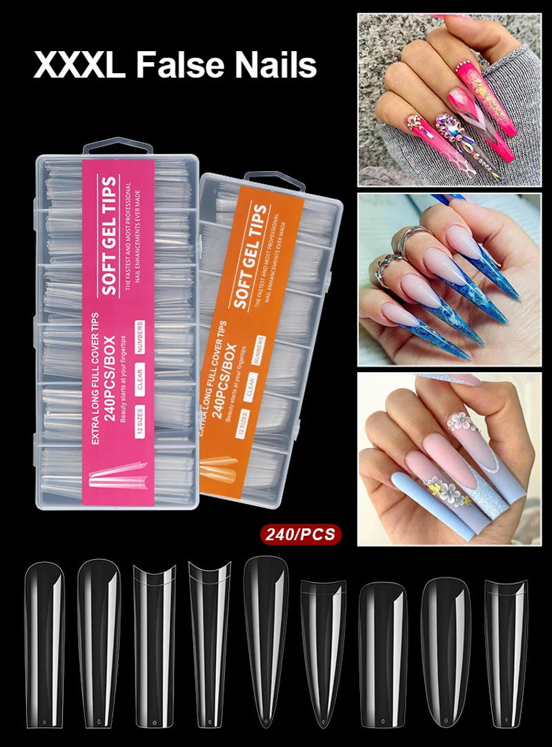 Description Picture 2 of itemXXXL No Trace Super Long Coffin False Nail Art Tips French Stiletto Half Full Cover Fake Nails Extension Length Artificial Tips