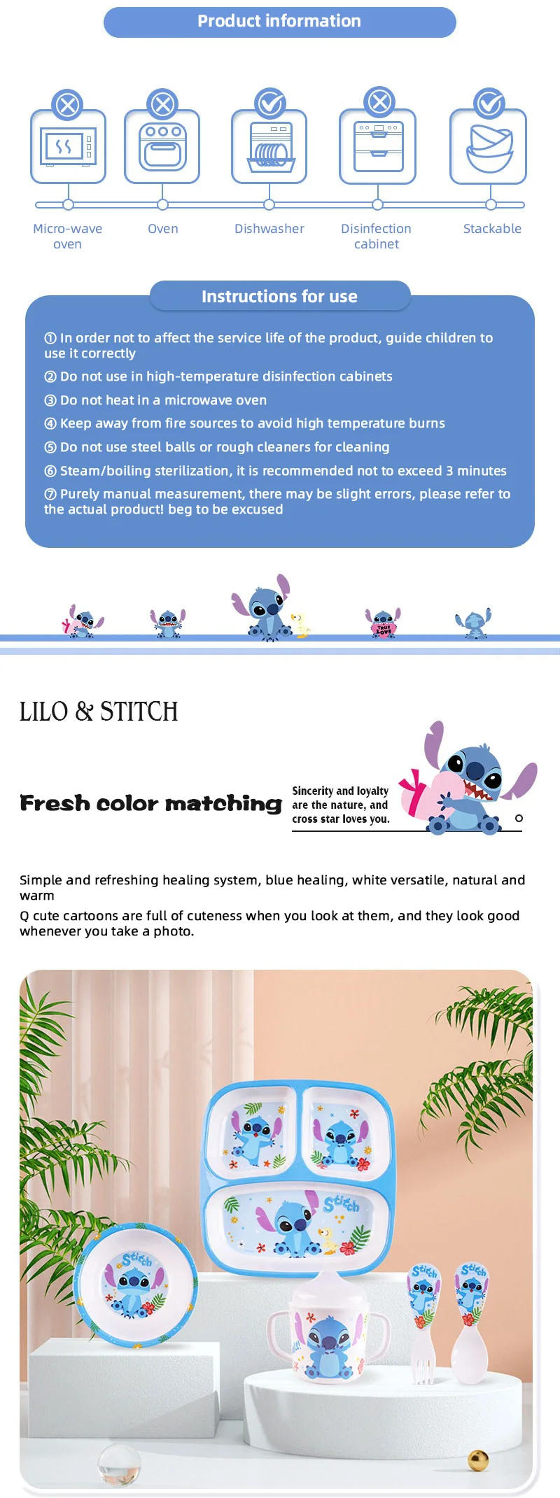 Description Picture 4 of itemDisney Lilo and Stitch Kids Bowl Spoon Fork Tableware Stitch Dinner Plate Rice Soup Bowl Water Cup Mugs Baby Eating Dinnerware