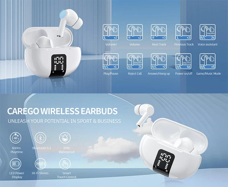 Description Picture 2 of itemWireless Earphone 60H Playback LED Power Display Ear Buds Bluetooth 5.3 40dB Noise Cancelling 6 Mic ENC Stereo Sound Earphones