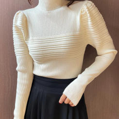 Elegant Solid Basic Knitted Tops Women Turtlneck Sweater Puff Sleeve Casual Slim Pullover Korean Fashion Simple Chic Clothes