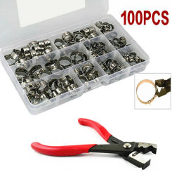 100pcs 304 Stainless Steel Single Ear Stepless Hose Clamps with Pliers Kit  5.3-15.3mm Hose Clamps Cinch Clamp Rings