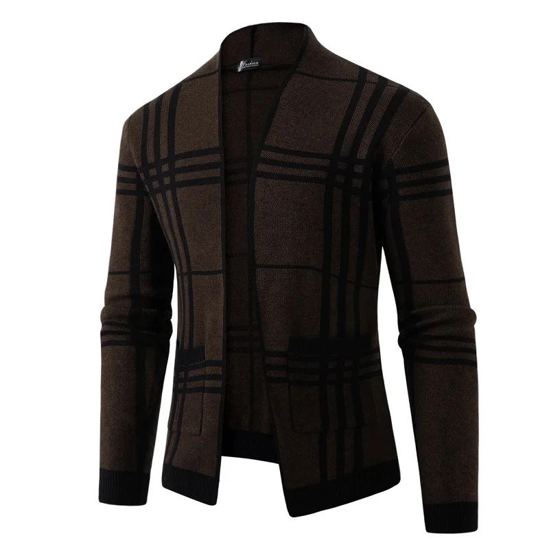 Description Picture 5 of item2024 Autumn/Winter European and American Men's Trendy Plaid Sweater Slim Fit Casual British Cardigan Sweater Jacket