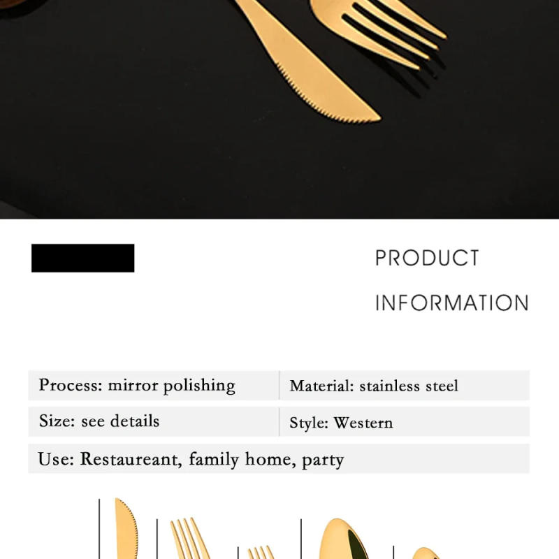 Description Picture 4 of item30Pcs/Set Stainless Steel Dinner Mirror Gold Dinnerware Set Knife Dessert Fork Spoon Cutlery Set Kitchen Flatware Silverware Set