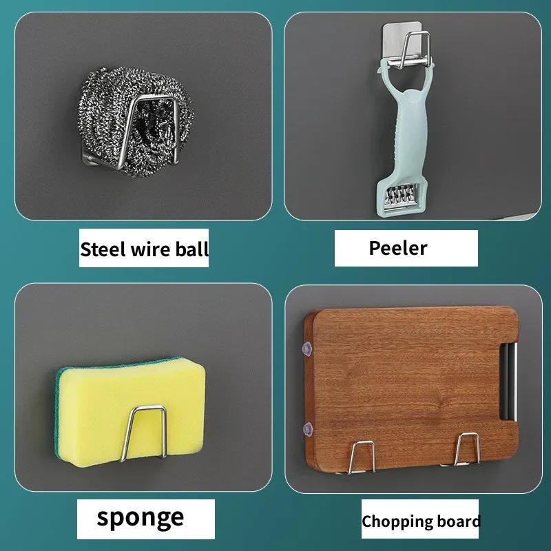 Description Picture 6 of item1/6pcs Kitchen Sponge holder Self Adhesive Sink Sponges Drain Drying Rack Wall Hooks Wire Ball Organizer Racks bathroom Storage