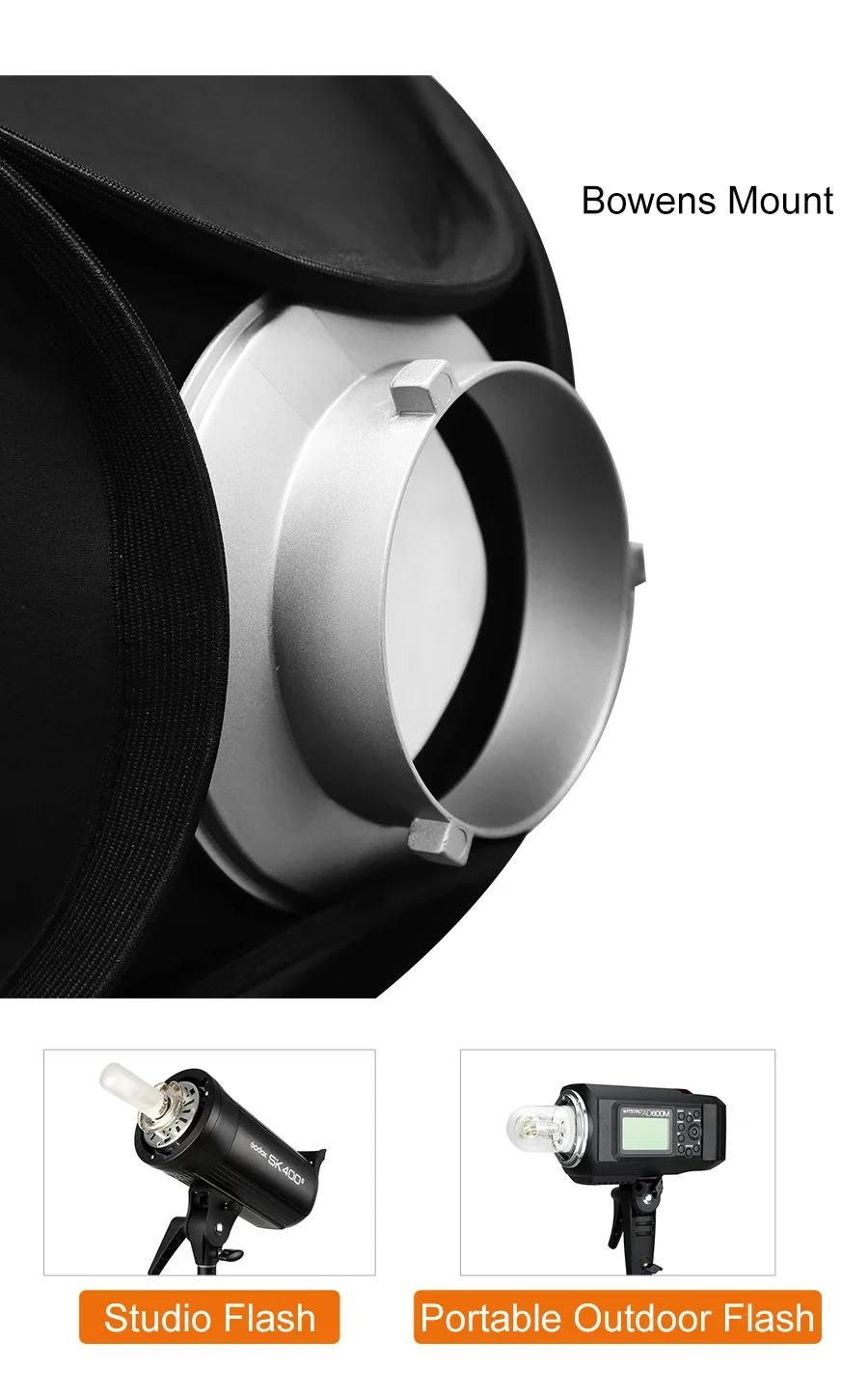 Description Picture 6 of itemGodox 40x40 50x50 60x60 80x80cm Softbox with S1 S-Type Bracket Honeycomb Grid Bowens Mount Flash Bracket Mount Foldable Softbox