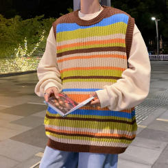 2023 Sweater Casual All-match Vest Men V-neck Sleeveless Knitted Sweaters Vests Striped Retro Simple Chic Loose Knitwear A49