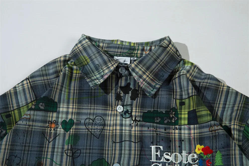 Description Picture 6 of itemGraffiti Print Plaid Short Sleeve Shirts Mens Embroidery Streetwear Lapel Single Breasted Drop Shoulder Half-Sleeve Shirts Men