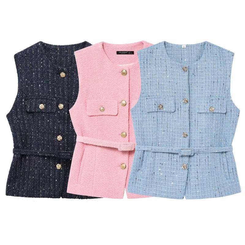 Description Picture 3 of itemTRAFZA Vintage Belt Twist Waistcoats Women O Neck Sleeveless Gold Buttons Vest Fashion 2025 Spring Summer Office Lady Blazer Top