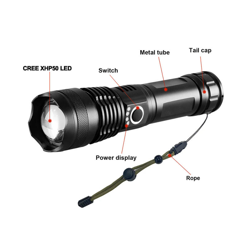 Description Picture 4 of itemUSB Rechargeable P50 LED Flashlight Torch Super Bright Rechargeable Zoom LED Tactical Torch 18650 or 26650 Battery Camp Lamp