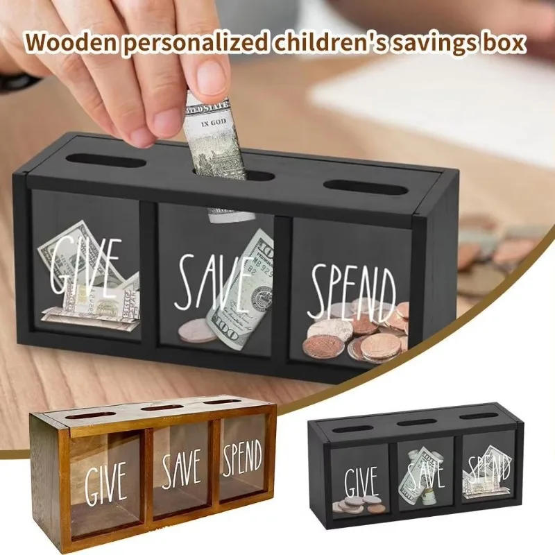 Description Picture 2 of itemWooden Give Save Spend Money Saving Box for Kids, Countertop Kid Piggy Bank for Daily Cash, Wall-Mount Kids Bank
