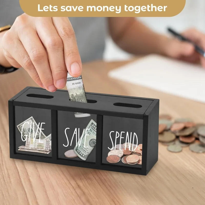 Description Picture 5 of itemWooden Give Save Spend Money Saving Box for Kids, Countertop Kid Piggy Bank for Daily Cash, Wall-Mount Kids Bank